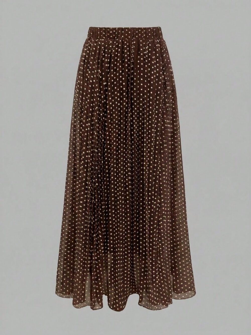 Coffee Brown Casual Women's Loose Pleated Elastic Waist Polka Dot Long Skirt - Picture 3 of 5